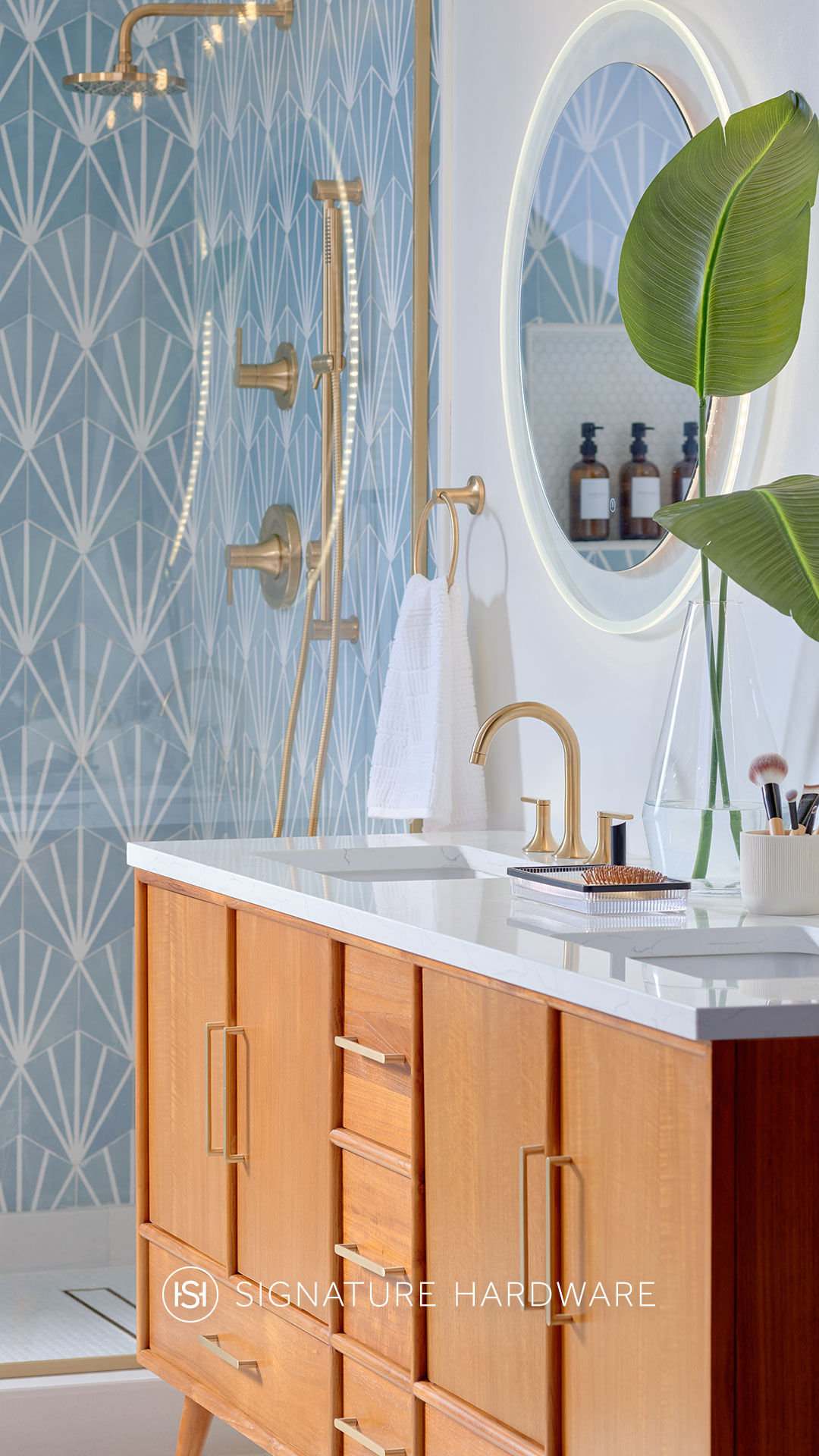 Vanity and shower system in the background