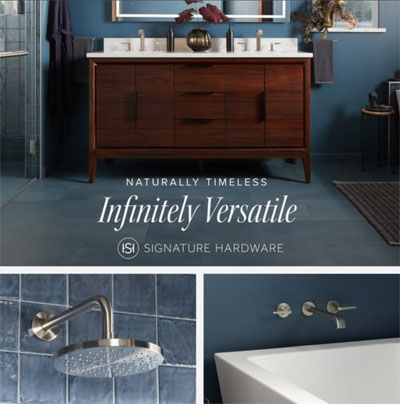 3 up collage of images from the blue bathroom featuring a vanity, showr head, and tub faucet.