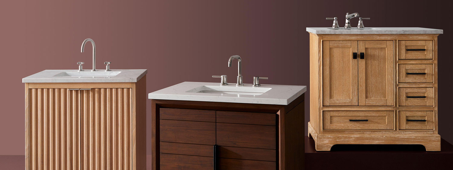 Three vanities with faucets on a clean background.