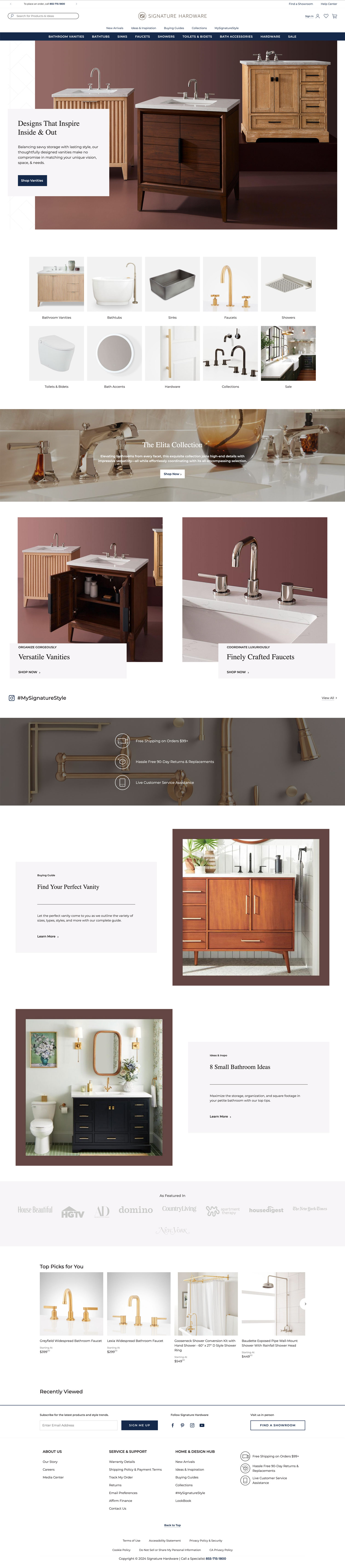 Website featuring a hero image of three vanities on a clean background.